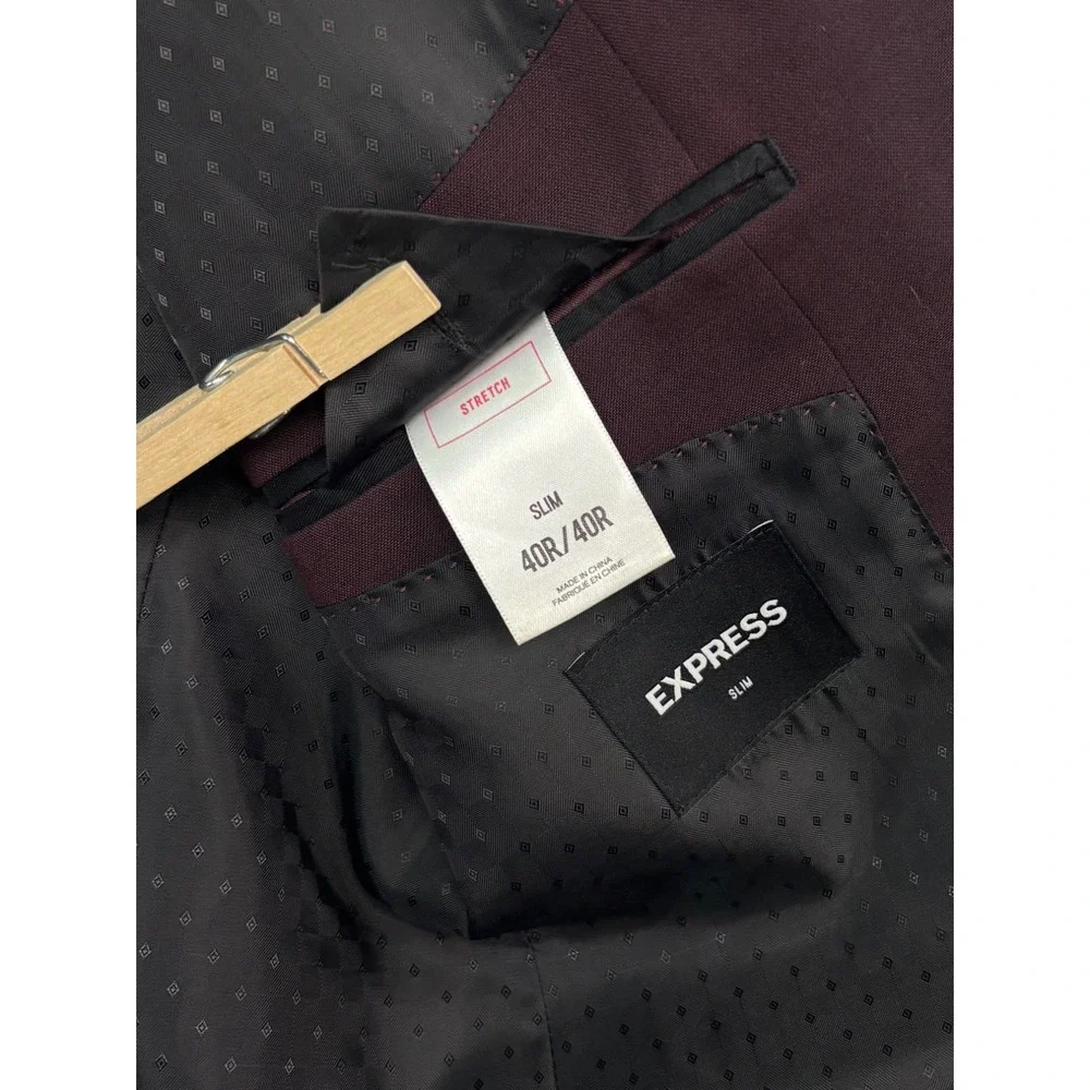 Express 40R 33x30 Eggplant 2pc Pant Suit Stretch Slim Wool Blend Flat Front